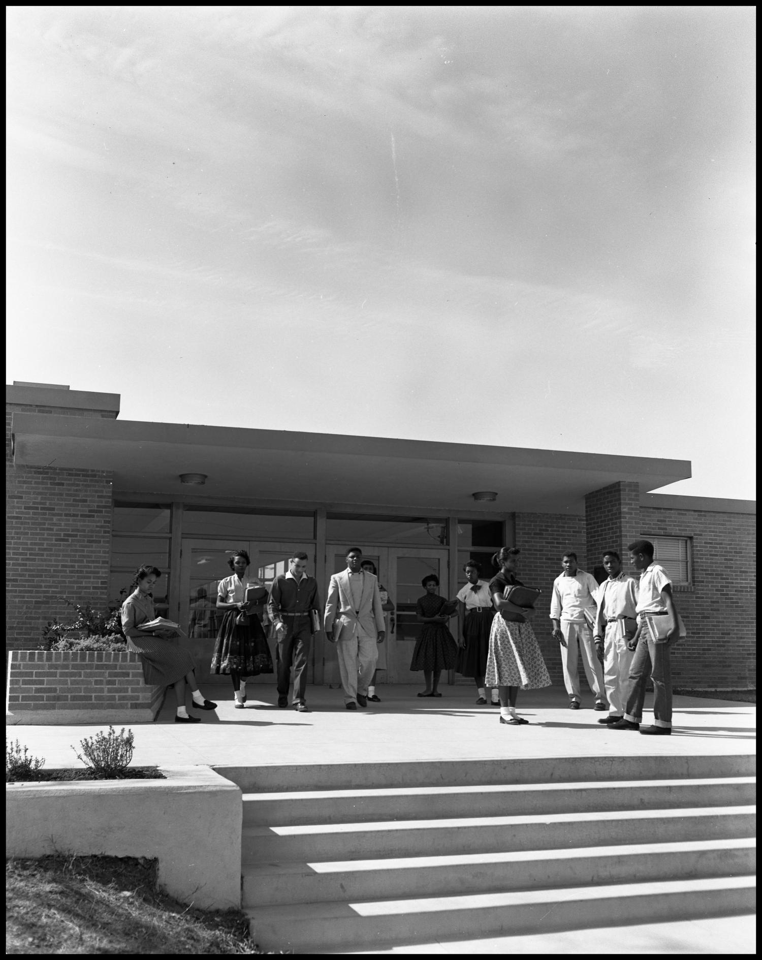 Anderson High School building exterior and students